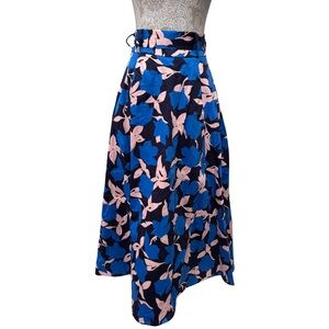 Boden // blue, pink floral print belted midi skirt size 6 jun2
